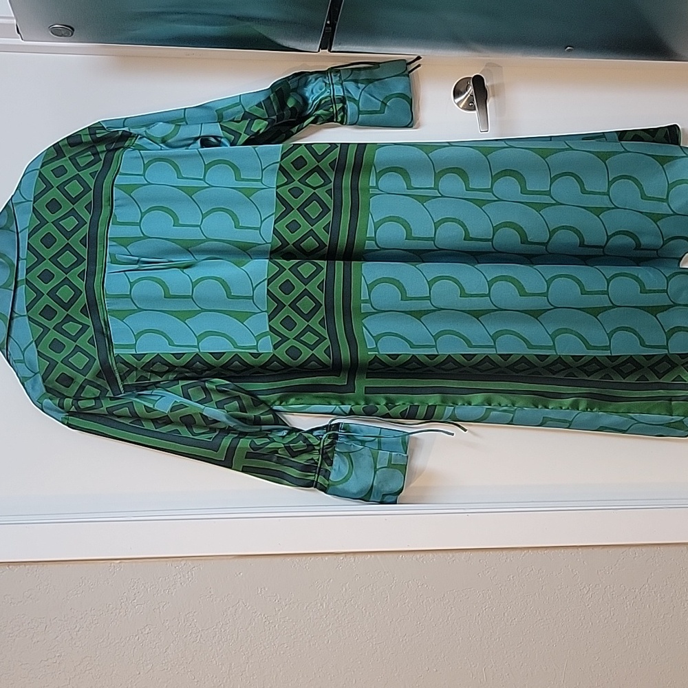 Mango | Green and Blue Wrap Dress with 3/4 Bishop Sleeves for Cocktail - Picture 10 of 14